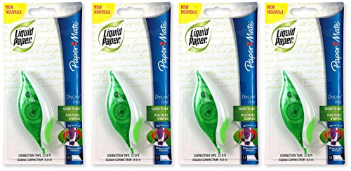 Paper Mate 660415 Liquid Paper DryLine Grip Correction Tape Dispenser, Pack of 4; Transparent Green Body; 1/5 inches Wide x 27.8 feet Long White Tape; Applies Dry, Rewrite Instantly; Swivel Tip