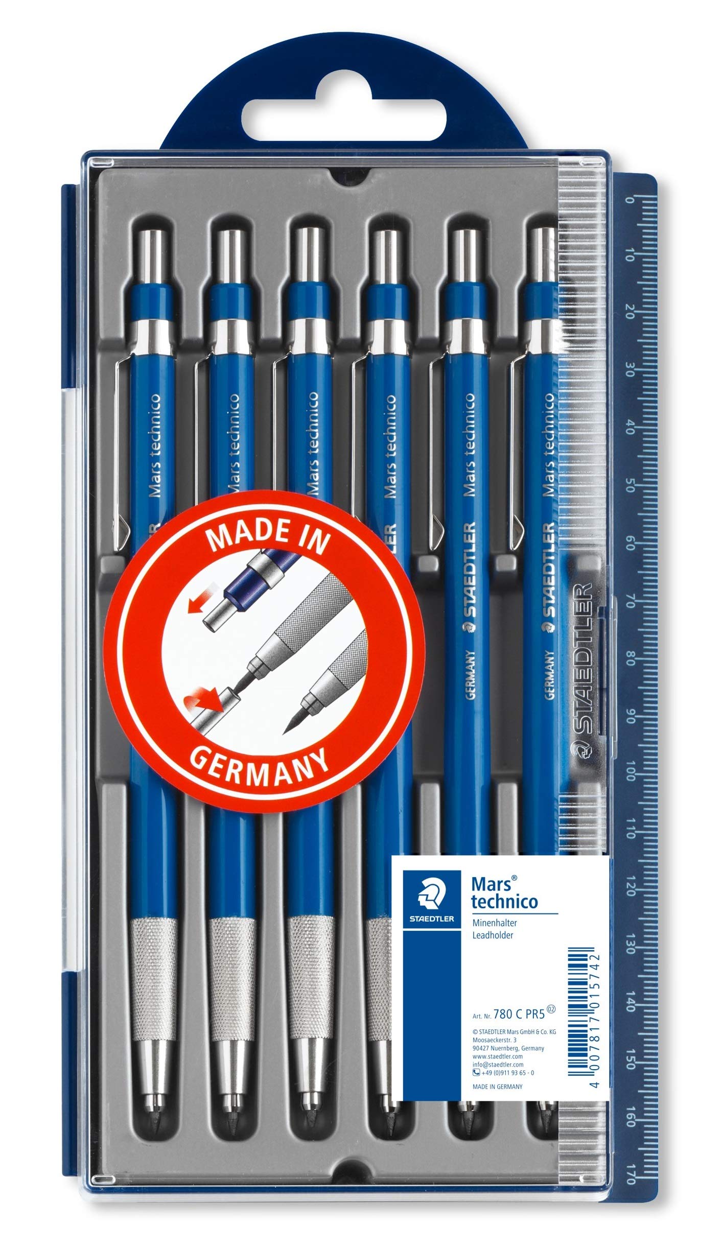 STAEDTLER Mars Technico 780 C PR5 Leadholder Pencil with Built-in Sharpener, 2 mm, Pack of 5 + 1