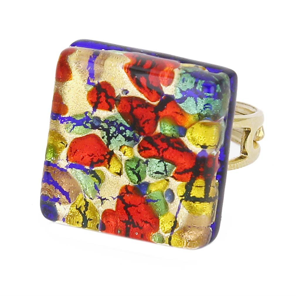 Glass Of Venice Murano Glass Ring 3/4-Inch - Square Adjustable Size Ring in Gold, Red, and Green, Lined with Gold Leaf. Blown Glass - Murano Glass Rings for Women Handmade in Italy