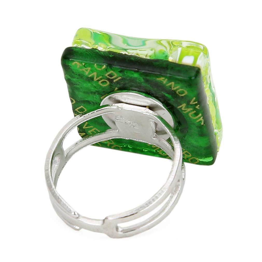 GlassOfVenice Murano Glass Venetian Reflections Square Adjustable Ring - Green Silver