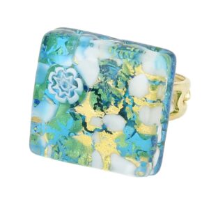 glassofvenice murano glass venetian reflections square adjustable ring - aqua gold