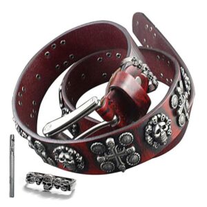 vogueteen Mens Goth Skull Cross Vintage Red Genuine Leather Belt Biker Rock One Size