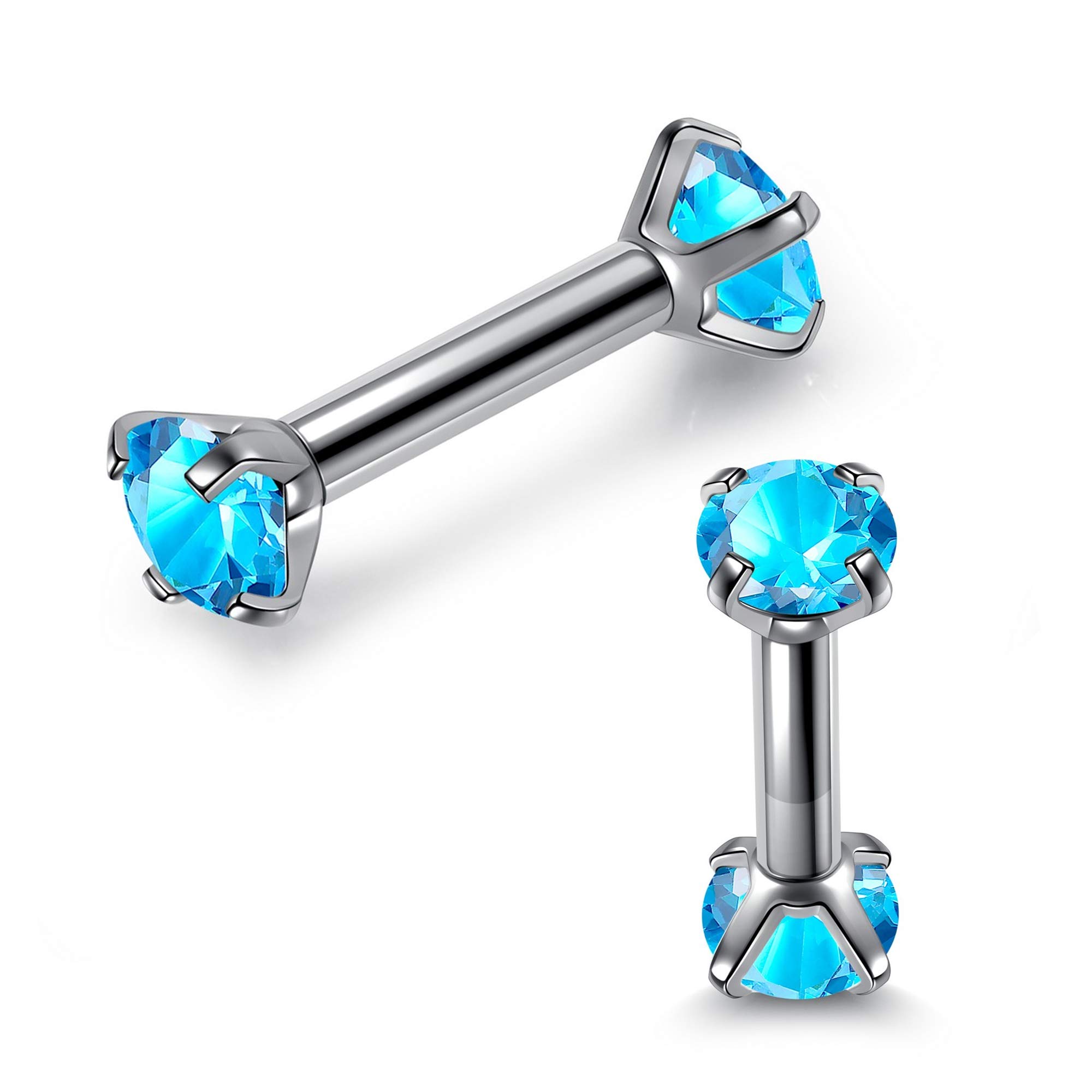 Zysta Small Rhinestone Blue Clear Cubic Zirconia Barbell Earring Studs Mini Cute Tragus Helix Cartilage Ear Lobe Nose Piercing Straight Bar 16G Screw on Stainless Steel