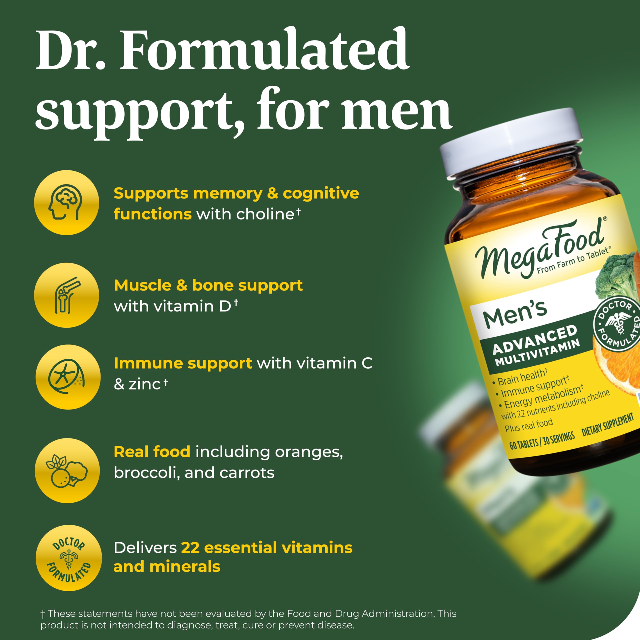 MegaFood Men's Advanced Multivitamin for Men - Doctor -Formulated - Choline, Vitamin B12, Vitamin D, Vitamin C & Zinc - Brain Health & Immune Support - Non-GMO - Vegetarian - 60 Tabs (30 Servings)