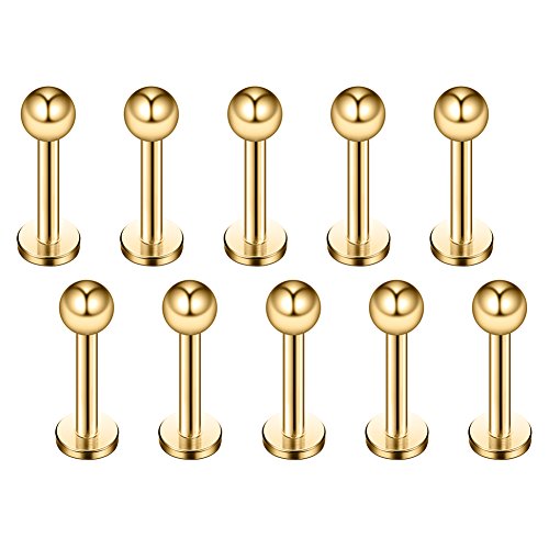 Ruifan 10PCS 16G Gold Plated 316L Stainless Steel 3mm Ball Labret Monroe Lip Ring Tragus Helix Cartilage Earring Stud Barbell 6mm Bar Length Body Piercing Jewelry