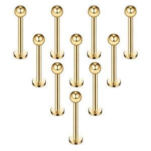 Ruifan 10PCS 16G Gold Plated 316L Stainless Steel 3mm Ball Labret Monroe Lip Ring Tragus Helix Cartilage Earring Stud Barbell 10mm Bar Length Body Piercing Jewelry