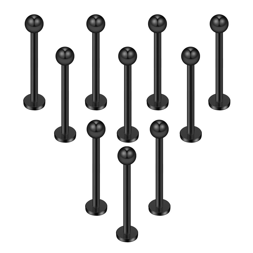 Ruifan 10PCS 16G Black Titanium Anodized 316L Stainless Steel 3mm Ball Labret Monroe Lip Ring Tragus Helix Cartilage Earring Stud Barbell 12mm Bar Length Body Piercing Jewelry