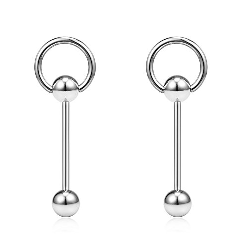 Ruifan 2PCS 14G 3/4Inch Door Knocker Internally Threaded Surgical Steel Straight Barbell Nipple Tongue Ring Piercing - Silver