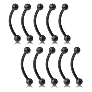 Ruifan Lot of 10 Black Titanium Anodized Eyebrow Piercing Jewelry Curved Barbell with Ball Kit Eyebrow Tragus Lip Ring 16g 16 gauge 12mm