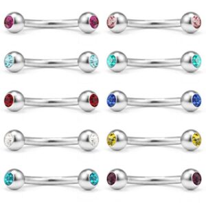 ruifan lot of 10 mix color double jeweled diamond eyebrow piercing jewelry curved barbell with ball kit eyebrow tragus lip ring 16g 16 gauge 8mm (steel)