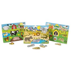 melissa & doug world of animals wooden peg puzzles set - pets, farm, and safari