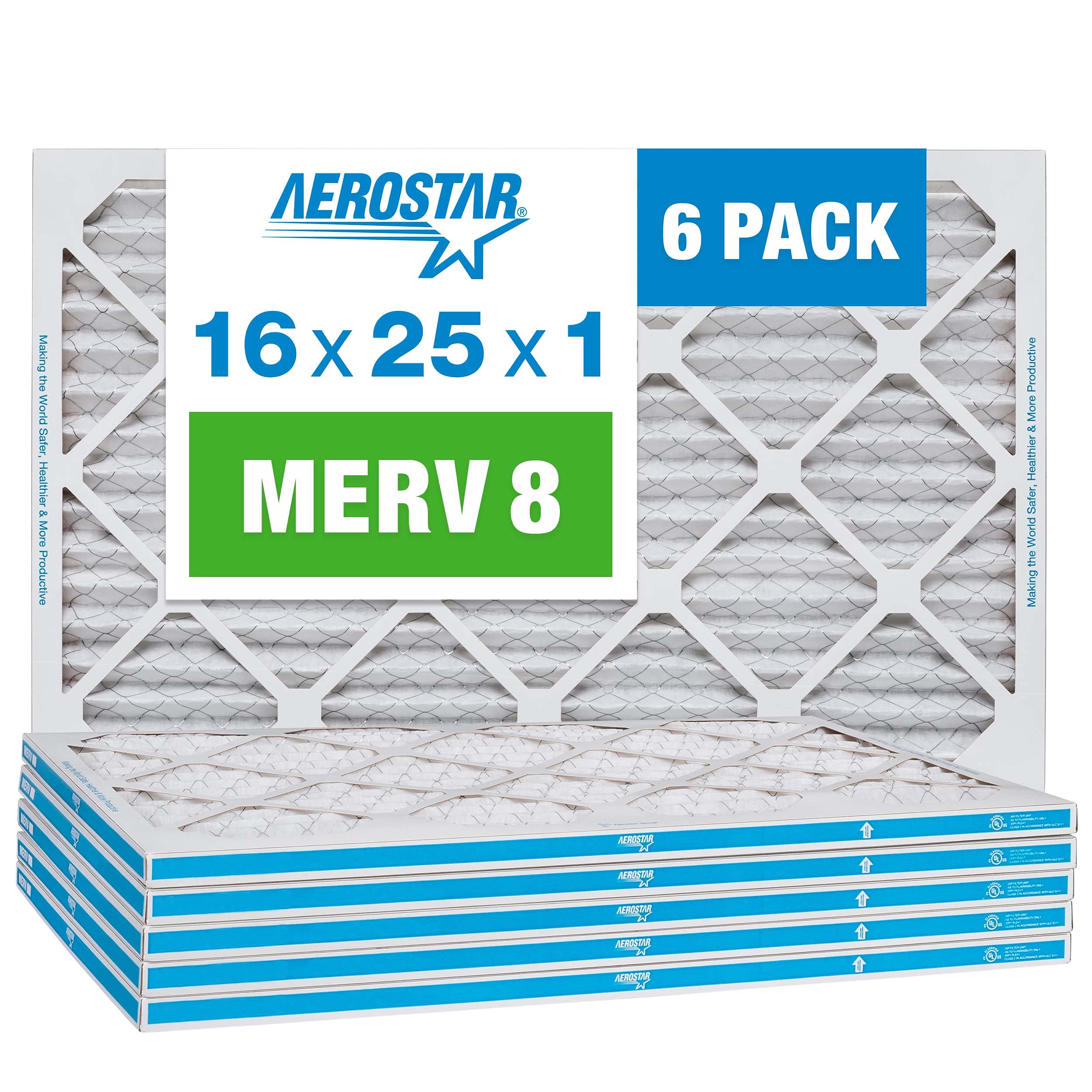 Aerostar 16x25x1 MERV 8 Pleated Air Filter, AC Furnace Air Filter, 6 Pack (Actual Size: 15 3/4"x 24 3/4" x 3/4"), White