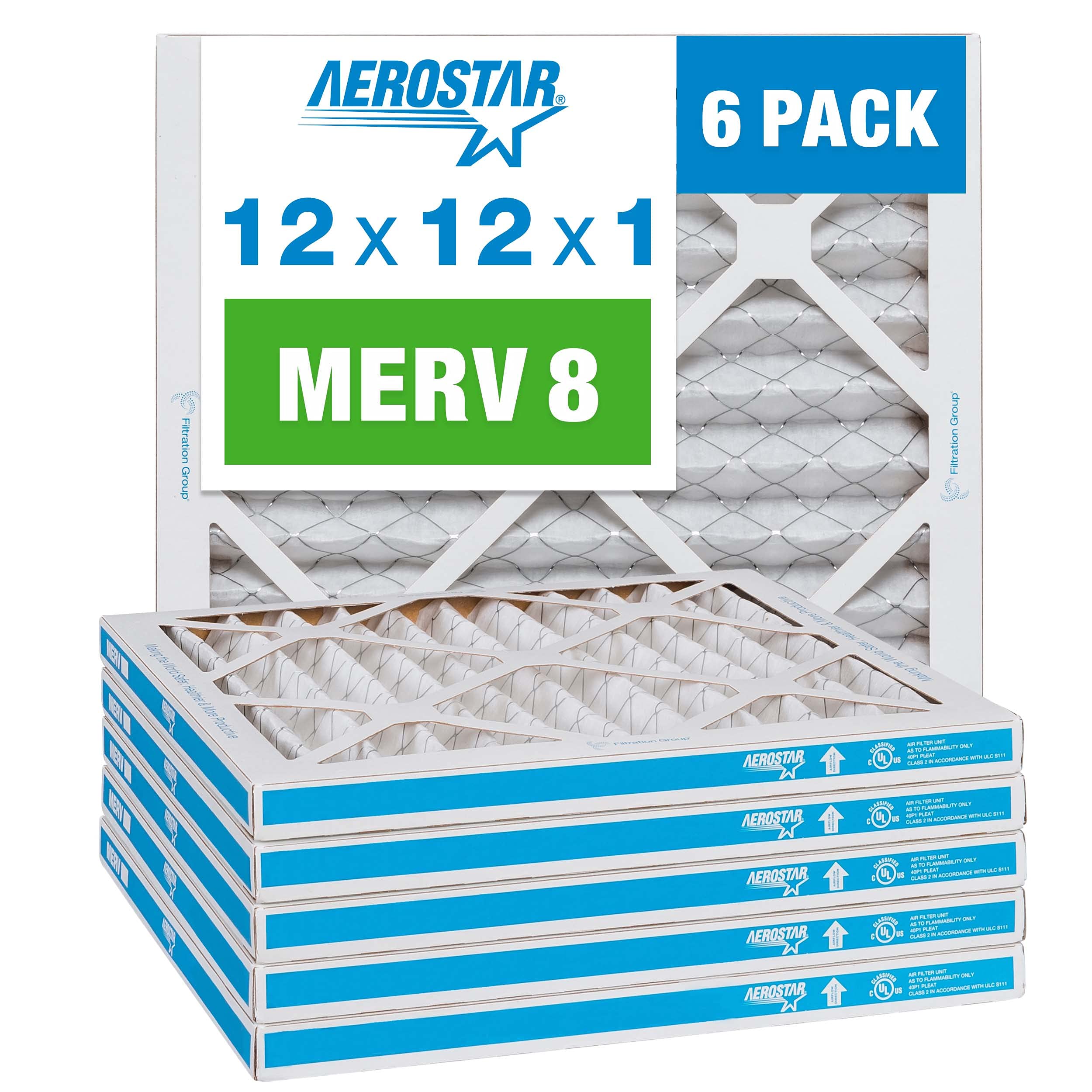 Aerostar 12x12x1 MERV 8 Pleated Air Filter, AC Furnace Air Filter, 6 Pack (Actual Size: 11 3/4"x11 3/4"x3/4")