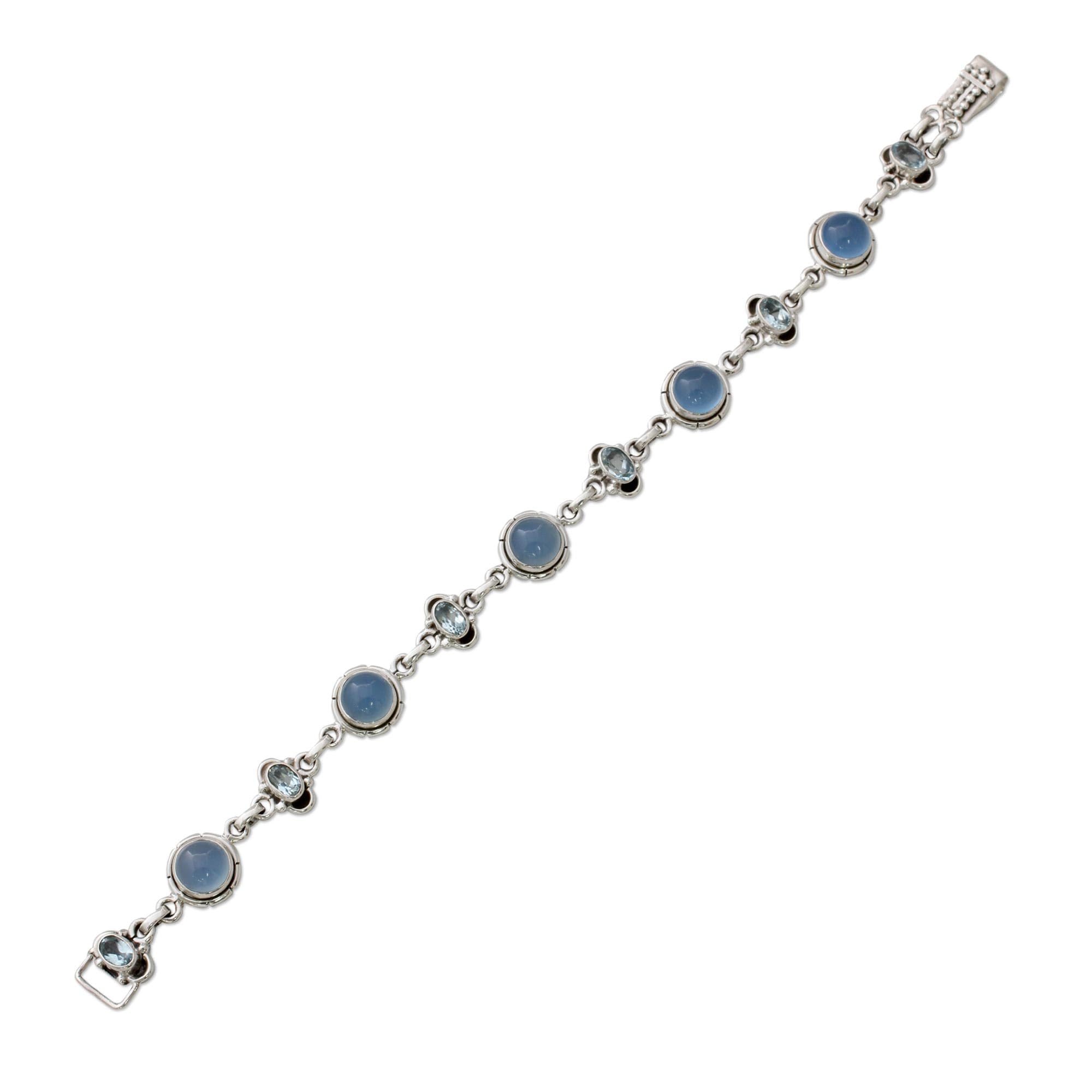 NOVICA Artisan Handmade Blue Topaz Chalcedony Link Bracelet with Sterling Silver India Serenity Airy Birthstone [7.75 in L x 0.4 in W] ' Serene Azure'