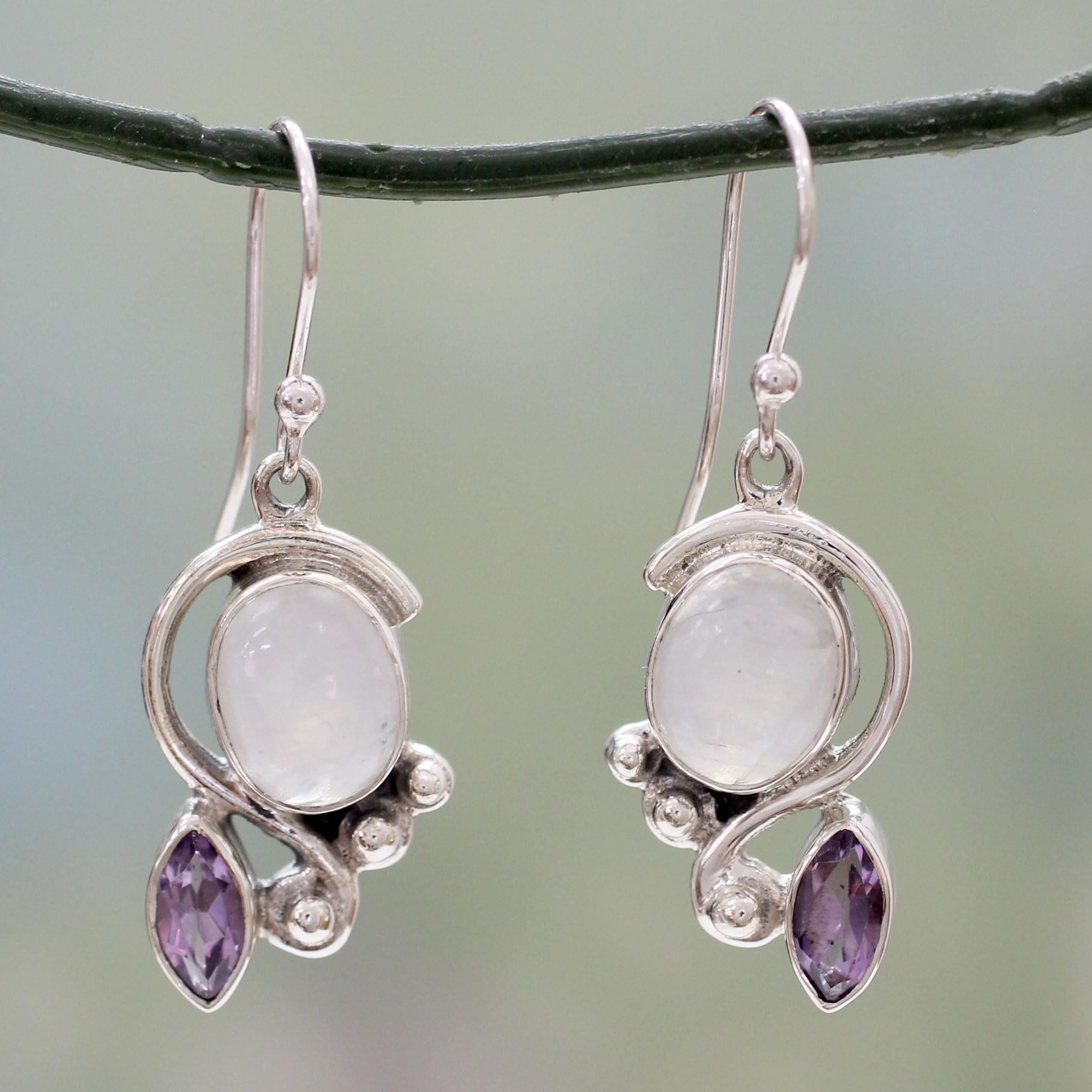 NOVICA Artisan Handmade Rainbow Moonstone Amethyst Dangle Earrings with Silver Sterling Purple Clear India Orchid Birthstone [1.6 in L x 0.5 in W x 0.2 in D] ' Twilight'