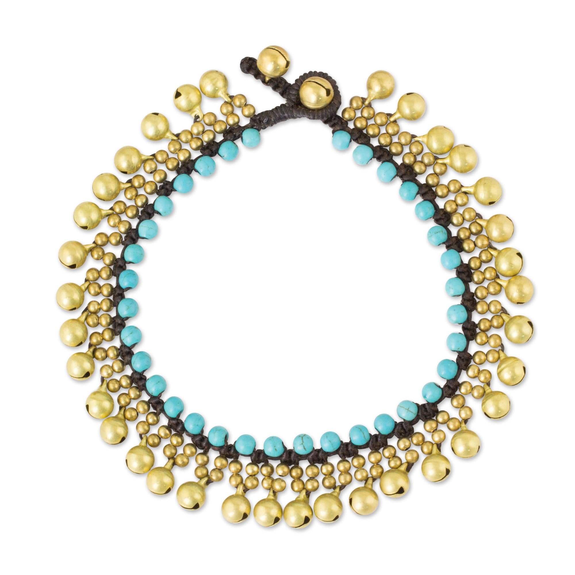 NOVICA Artisan Handmade Brass Calcite Anklet with Blue Jingling Bells Turquoise Gold Tone Brown Beaded Thailand Scuba [9.75 in min L x 10.5 in max L x 0.8 in W] ' Blue Bells'