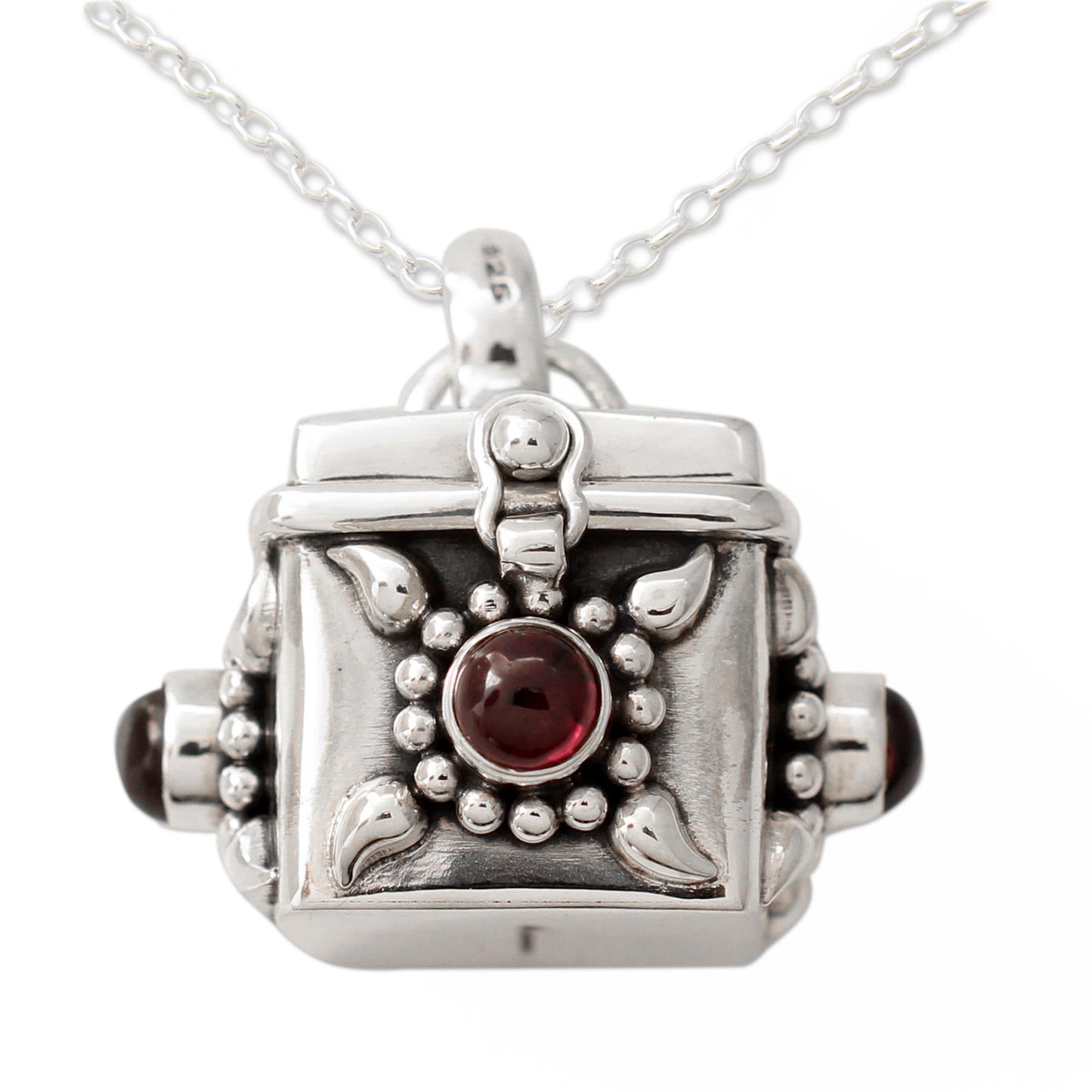 NOVICA Handmade .925 Sterling Silver Garnet Prayer Box Pendant Necklace Artisan Crafted in Burgundy Red India Spiritual Birthstone 'Royal Prayer'