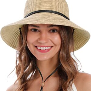 Simplicity Beach Hats for Women Wide Brim Hat Women Sun Protection Foldable Straw Sun Hat with Chin Strap Sun Hats for Women, Off-White Brown Mix