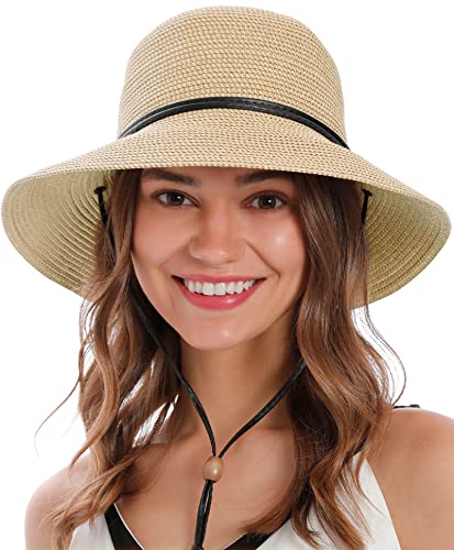 Simplicity Beach Hats for Women Wide Brim Hat Women Sun Protection Foldable Straw Sun Hat with Chin Strap Sun Hats for Women, Off-White Brown Mix