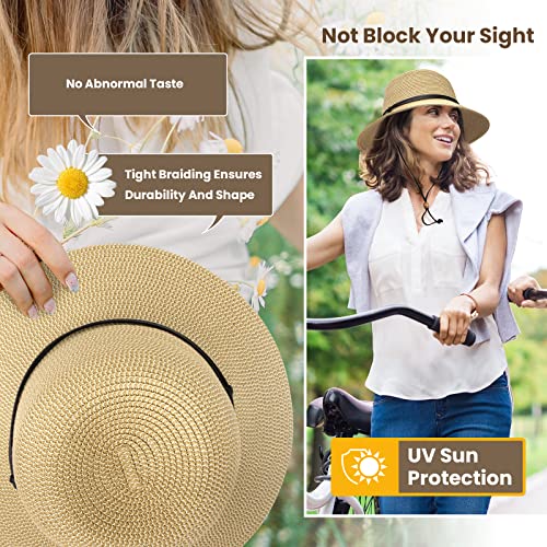 Simplicity Beach Hats for Women Wide Brim Hat Women Sun Protection Foldable Straw Sun Hat with Chin Strap Sun Hats for Women, Off-White Brown Mix