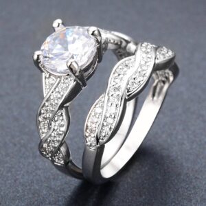 JunXin Round Cut 1.5ct Swarovski Crystal White Gold Bridal Set Engagement Rings Wedding Band Size8