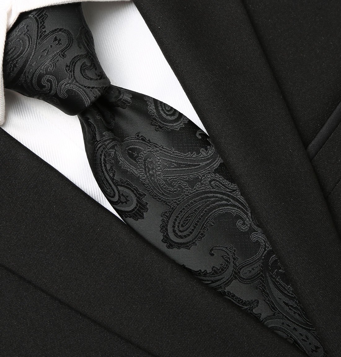 KissTies Mens Black Tie Set: Paisley Necktie + Pocket Square