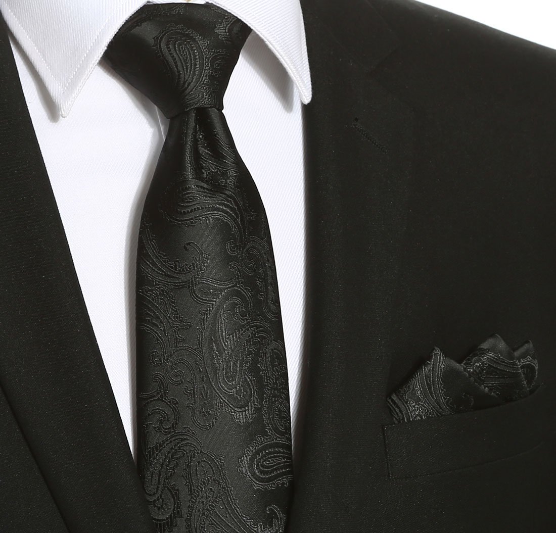 KissTies Mens Black Tie Set: Paisley Necktie + Pocket Square