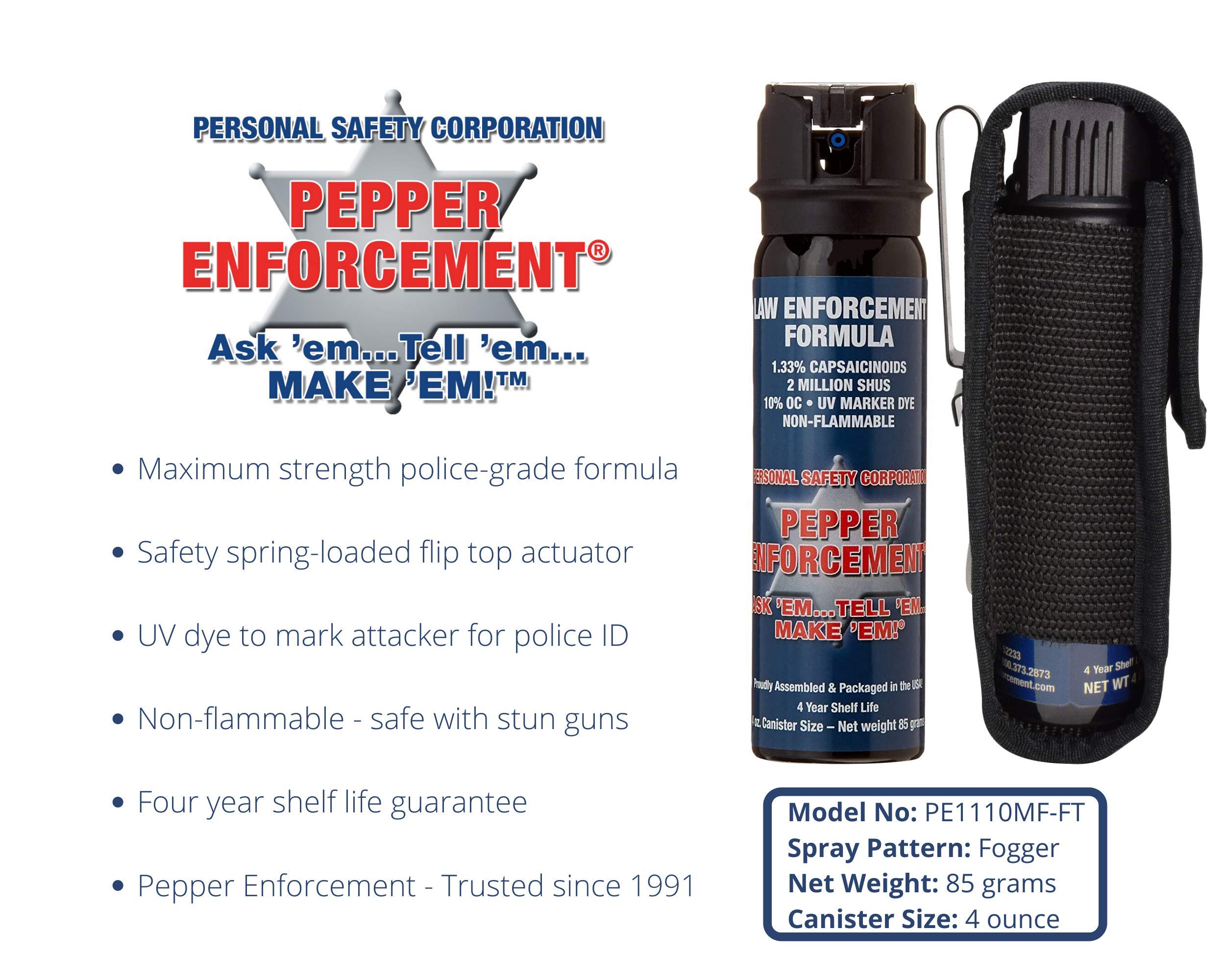 Pepper Enforcement PE1110MF-FT Fogger Pepper Spray with Metal Belt Clip Holster - Maximum Strength 10% OC Formula - Emergency Self Defense Personal Protection