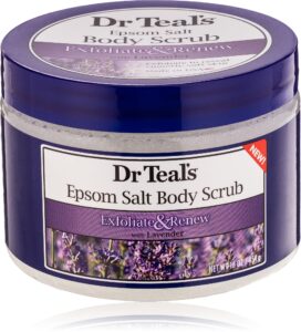 dr teal's pure epsom salt body scrub, soothe & sleep with lavender essential oils, 16 oz