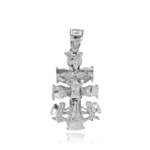 Silver Caravaca Double Cross with Angels Crucifix Pendant