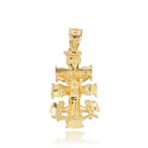 Religious Jewelry 14k Yellow Gold Caravaca Double Cross with Angels Crucifix Pendant