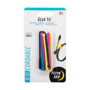 Nite Ize Gear Tie Cordable, The Orginal Reusable Rubber Twist Tie with Stretch-Loop For Cord Management + Storage, 6-Inch, Assorted Colors, 4 Pack, Made in the USA