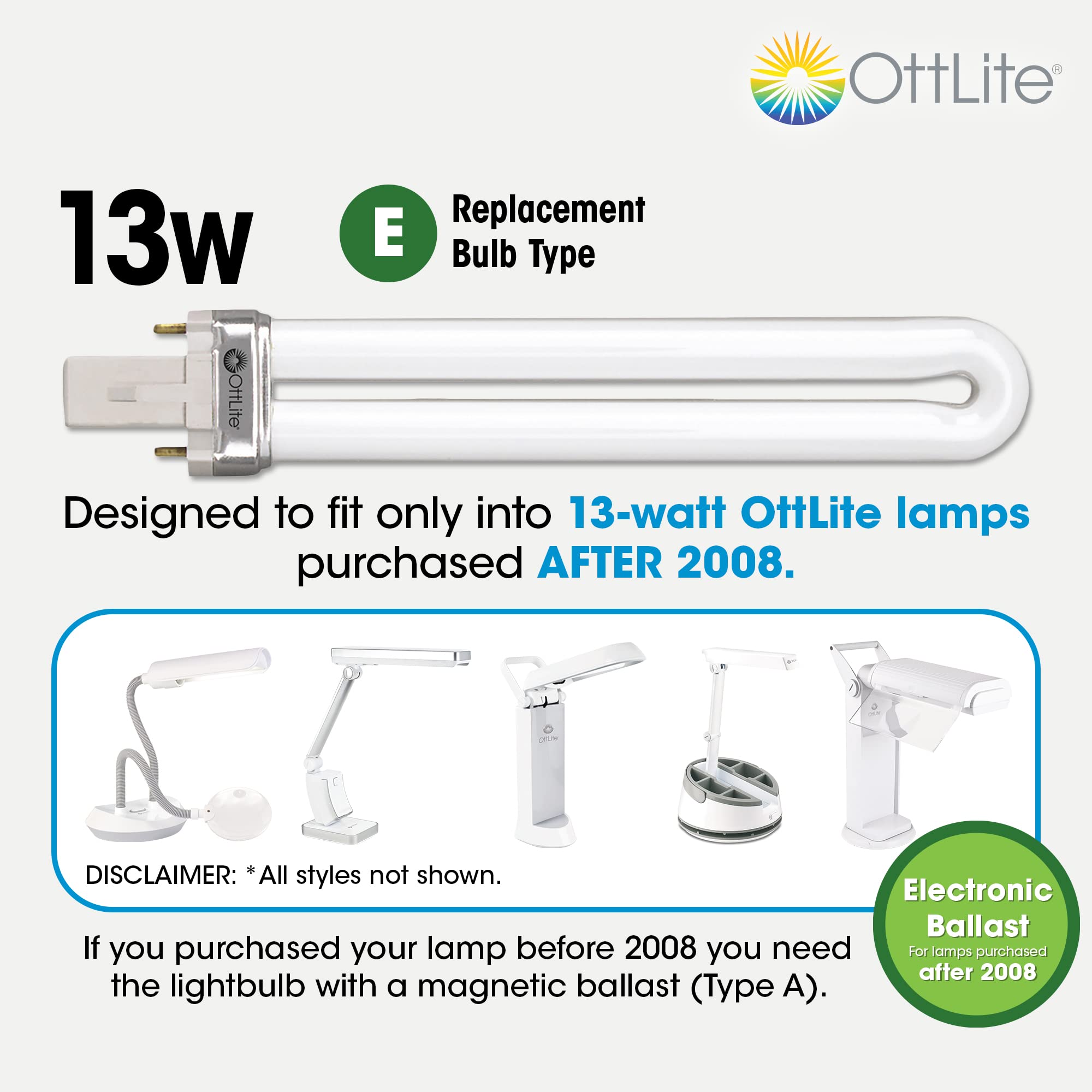 OttLite 13W Replacement Tube Light Bulb with Electronic Ballast Bulb - Compact Fluorescent Light Replacement - Bright Natural Daylight for Bedroom & Living Room - Low Heat & Glare Type E Light Bulb…