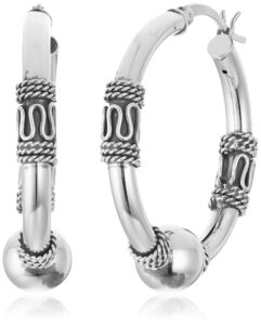 amazon essentials 925 sterling silver balinese beaded hoop earrings hypoallergenic lightweight jewelry for women, medium size 29mm earring (previously amazon collection)