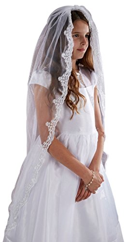 Sacred Traditions Girls Tulle Lace Edge Mantilla First Communion Veil, White, 45 Inch