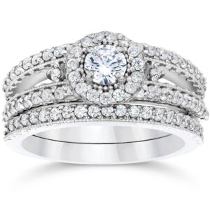 1 carat vintage halo diamond engagement wedding ring set 14k white gold - size 6