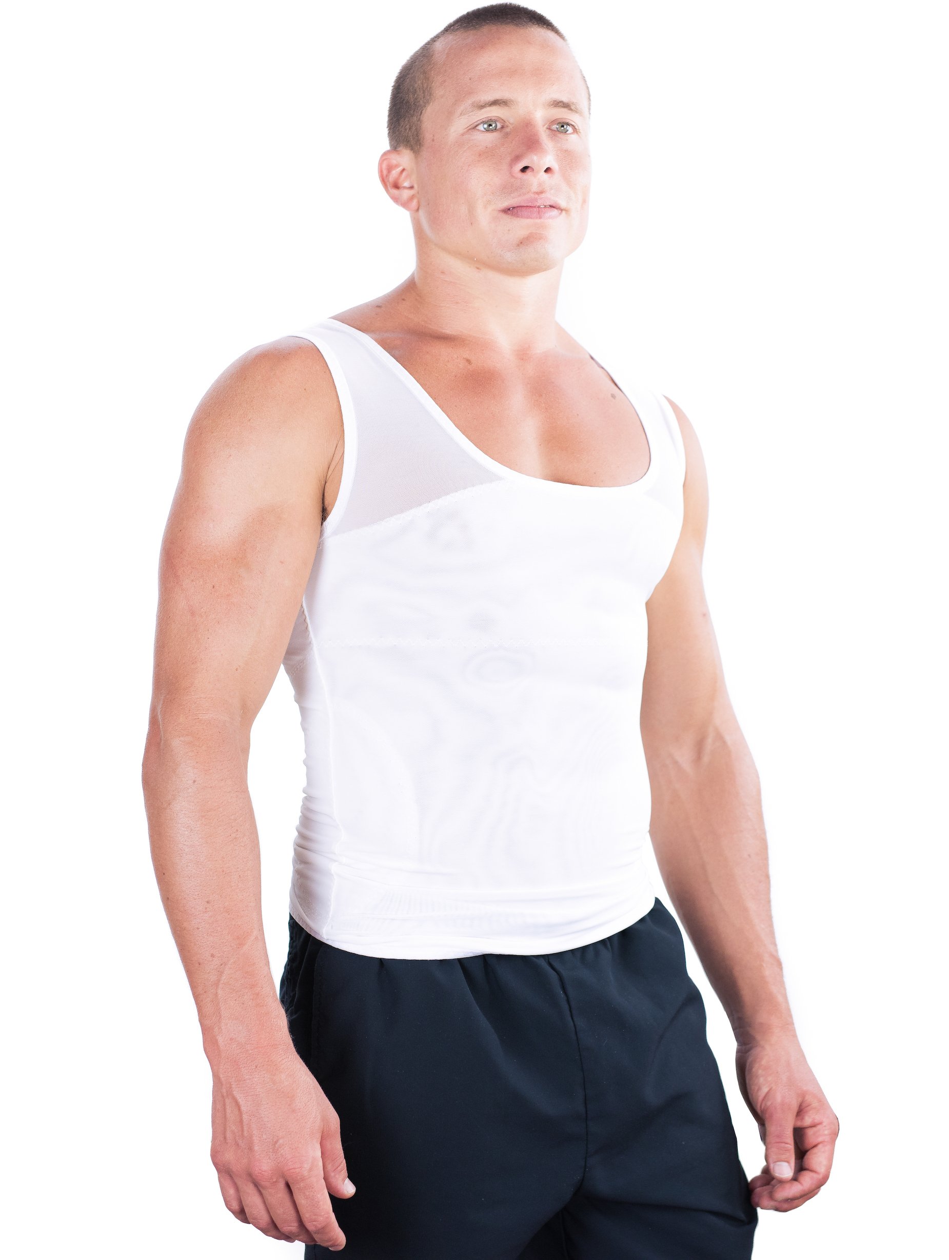 Esteem Apparel Original Men's Chest Compression Shirt to Hide Gynecomastia Moobs Shapewear (White, Large)