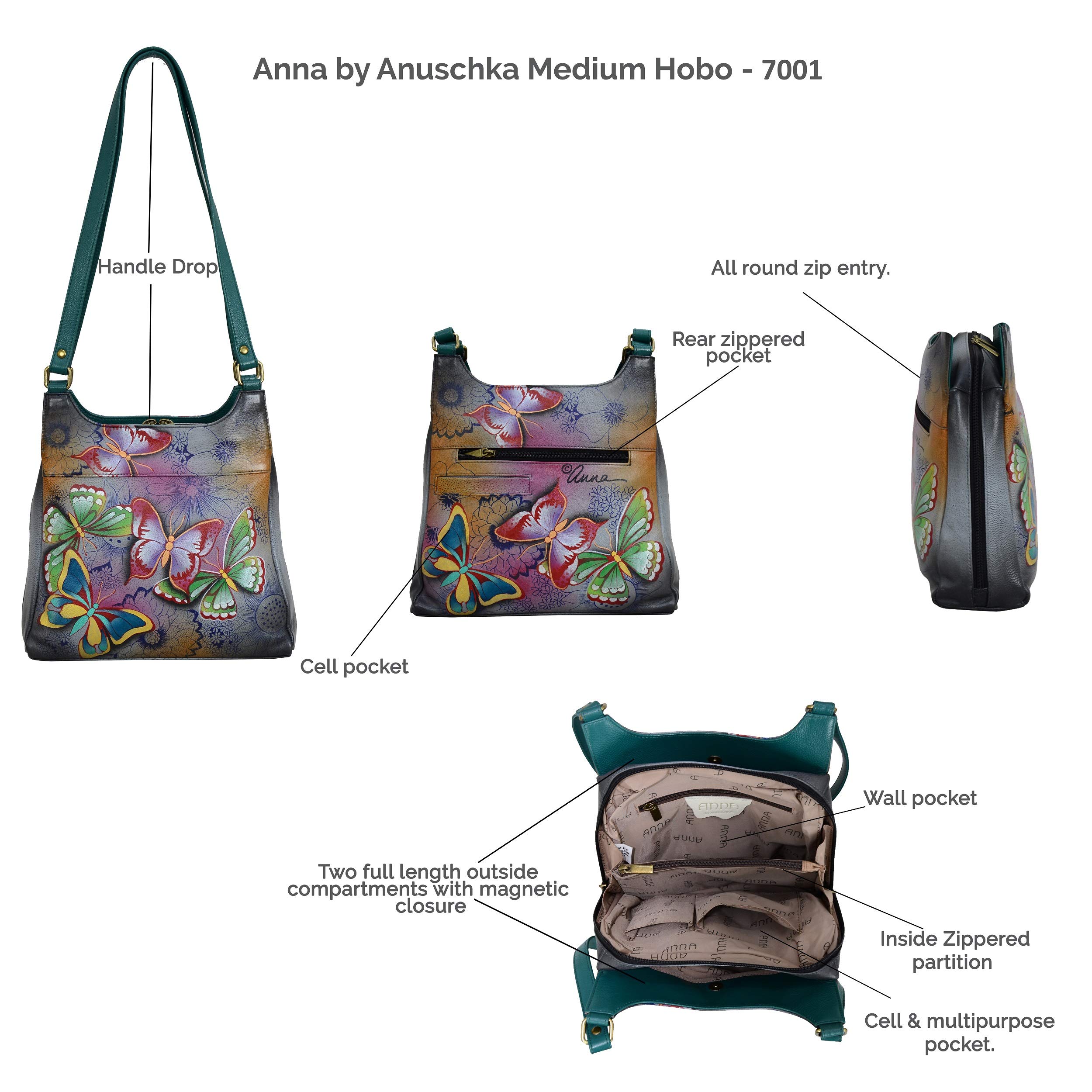 Anna by Anuschka Women’s Genuine Leather Hobo Bag | Hobo Handbag, Shoulder Bag | Great Organizer, Compact Size | Hand Painted Original Artwork (Midnight Peacock)