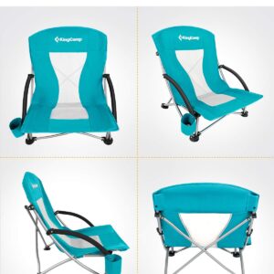 KingCamp Profile Beach, Foding Portable Lightweight Sand Chair for Big Boy with Cup Holder,Carry Bag Padded Armrest for Outdoor Camping Lawn Concert Traveling Festival, Low Back, LowBack_Cyan