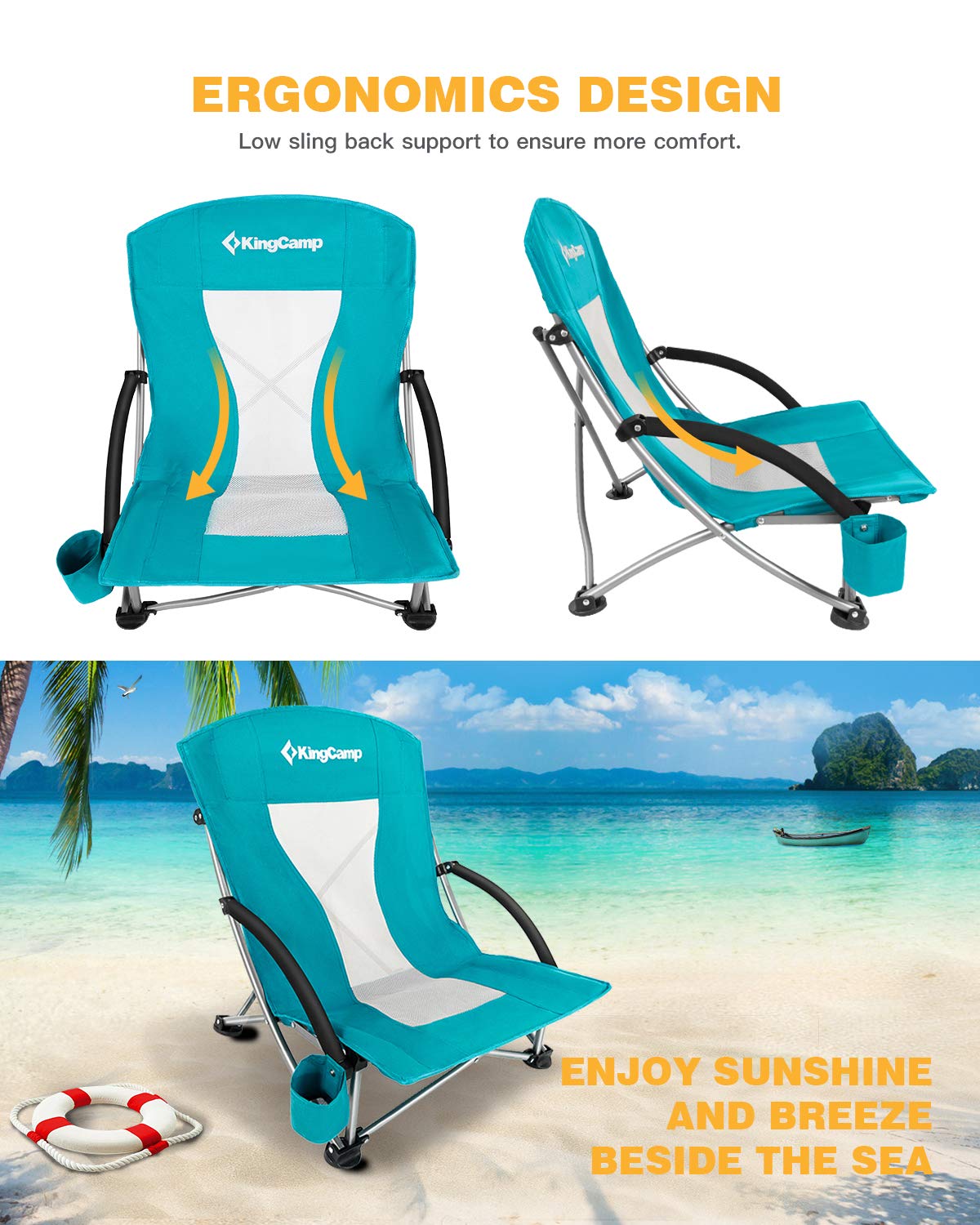 KingCamp Profile Beach, Foding Portable Lightweight Sand Chair for Big Boy with Cup Holder,Carry Bag Padded Armrest for Outdoor Camping Lawn Concert Traveling Festival, Low Back, LowBack_Cyan