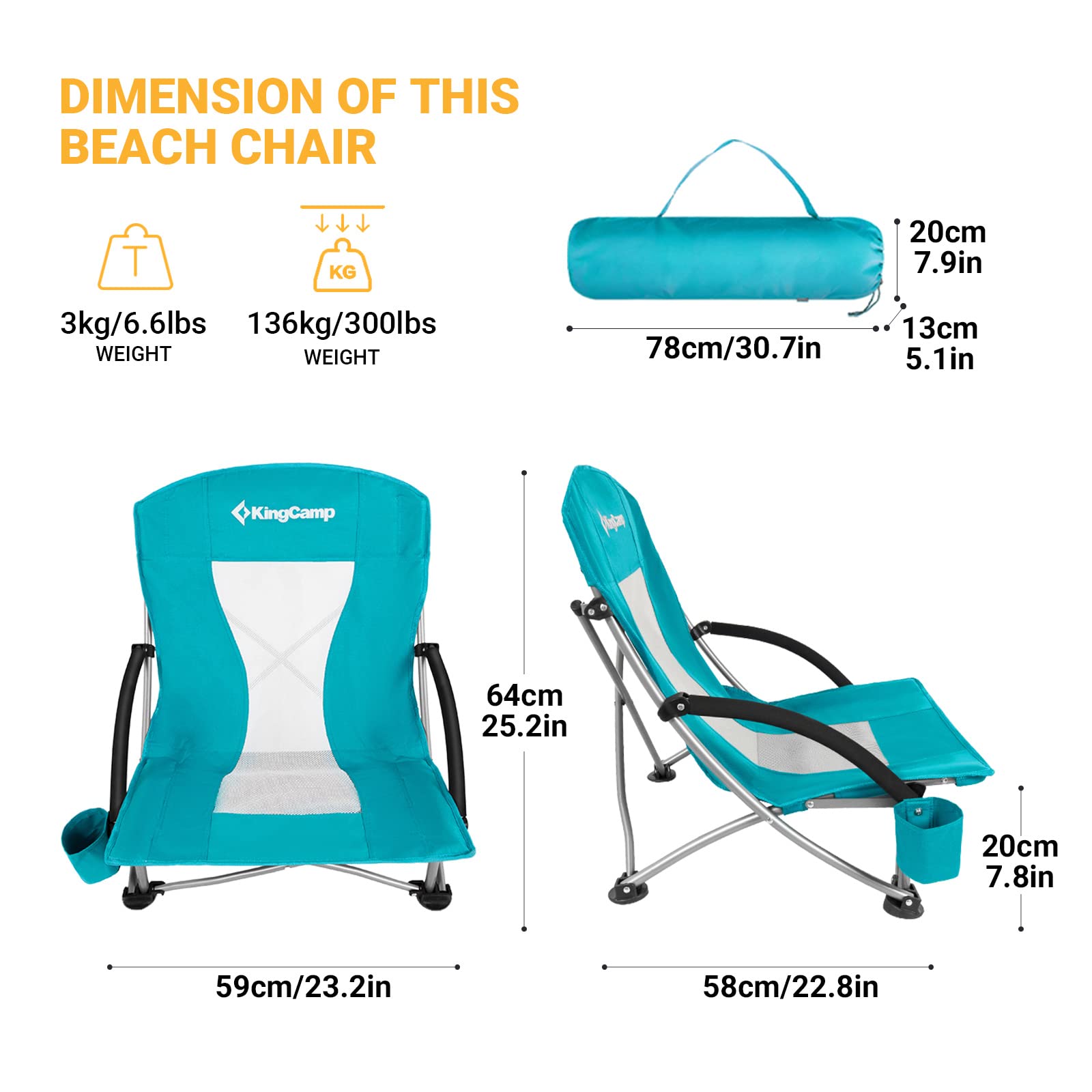 KingCamp Profile Beach, Foding Portable Lightweight Sand Chair for Big Boy with Cup Holder,Carry Bag Padded Armrest for Outdoor Camping Lawn Concert Traveling Festival, Low Back, LowBack_Cyan