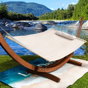 Lazy Daze 12 FT Double Quilted Fabric Hammock with Spreader Bars and Detachable Pillow, 2 Person Hammock for Outdoor Patio Backyard Poolside, 450 LBS Weight Capacity, Dark Cream