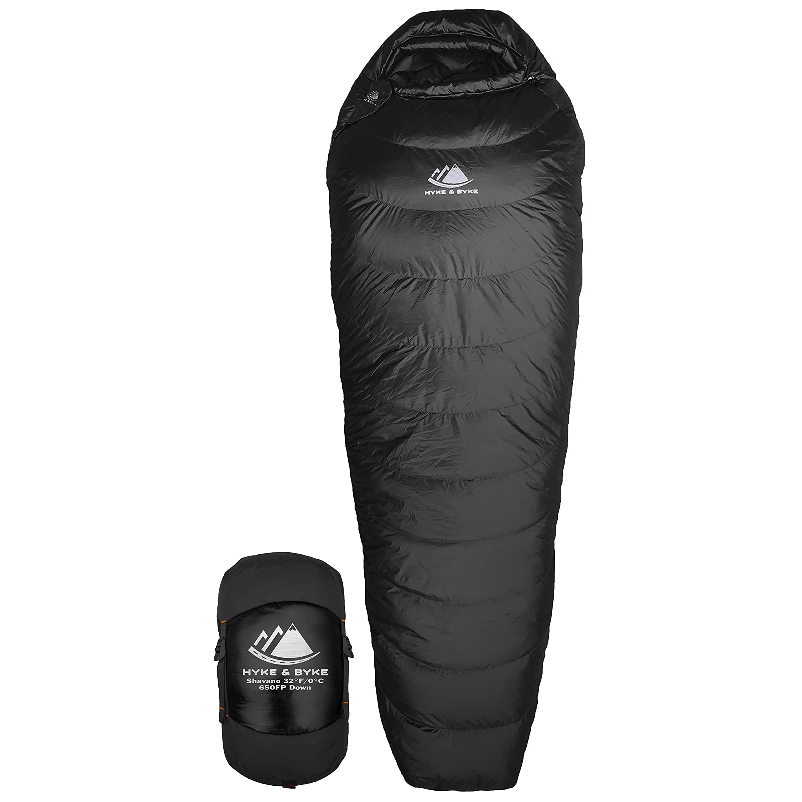 Hyke & Byke Shavano 32 F Hiking & Backpacking Sleeping Bag - 3 Season, 650FP Duck Down Sleeping Bag - Ultralight - Black - 78in - Regular