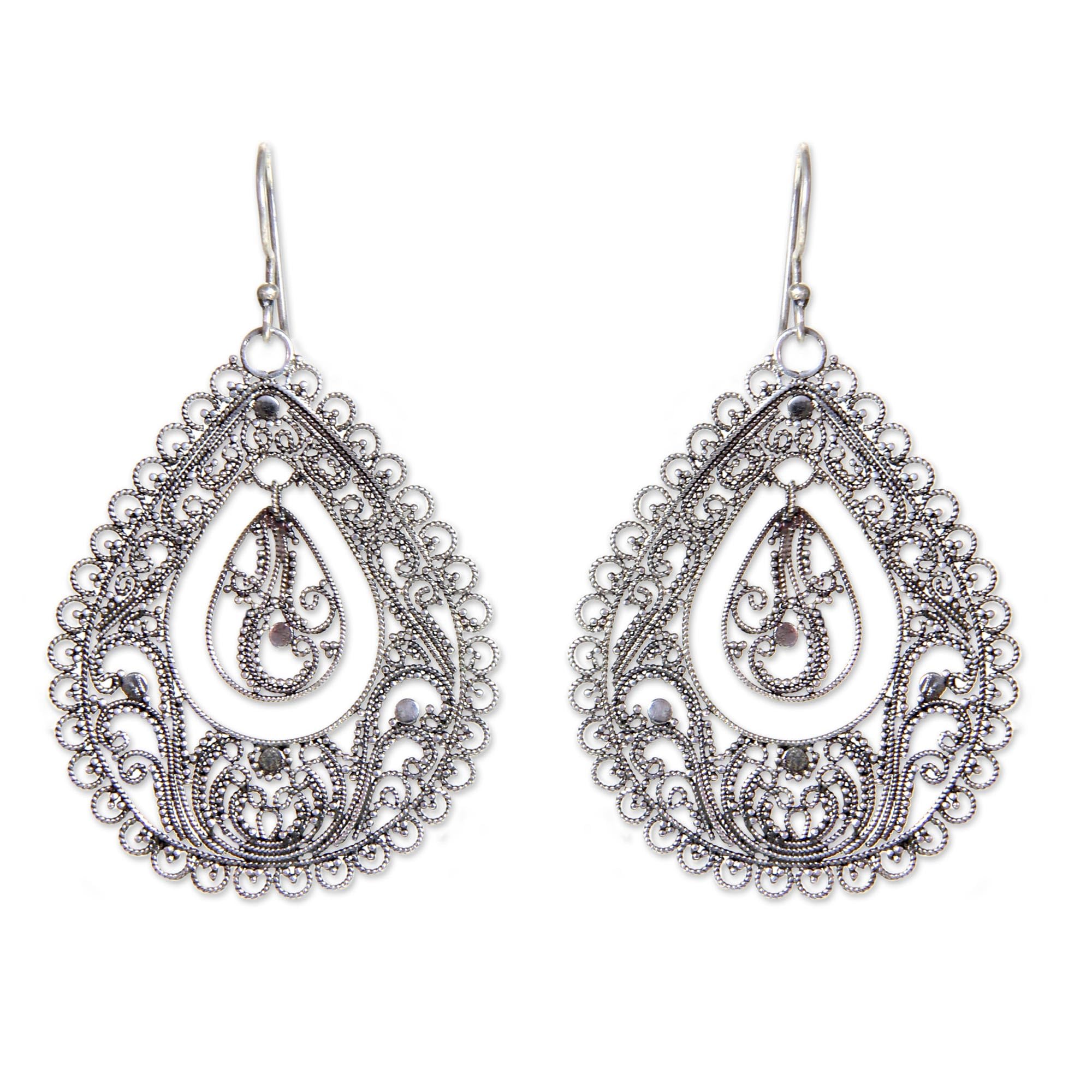 NOVICA Artisan Handmade Sterling Silver Filigree Earrings No Stone Dangle Indonesia [2.5 in L x 1.5 in W x 0 in D] ' Water'