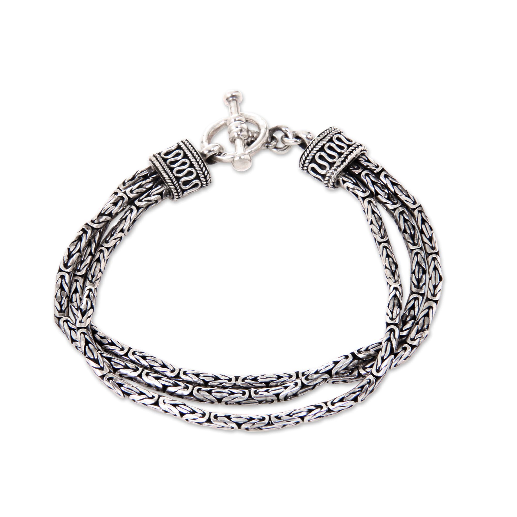 NOVICA Artisan Handcrafted Sterling Silver Braided Bracelet No Stone Chain Indonesia Balinese Traditional [7.75 in L x 0.4 in W Chain Width (each) 3 mm W] ' Fountainhead'