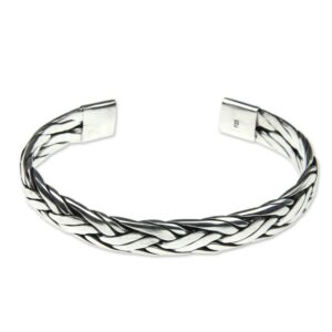 NOVICA Artisan Handmade Sterling Silver Cuff Bracelet Braided from Bali No Stone Indonesia Aluminum Gray [6 in L (end to End) x 0.4 in W] ' Singaraja Weave'