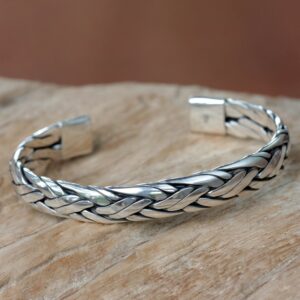 NOVICA Artisan Handmade Sterling Silver Cuff Bracelet Braided from Bali No Stone Indonesia Aluminum Gray [6 in L (end to End) x 0.4 in W] ' Singaraja Weave'