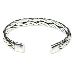 NOVICA Artisan Handmade Sterling Silver Cuff Bracelet Braided from Bali No Stone Indonesia Aluminum Gray [6 in L (end to End) x 0.4 in W] ' Singaraja Weave'