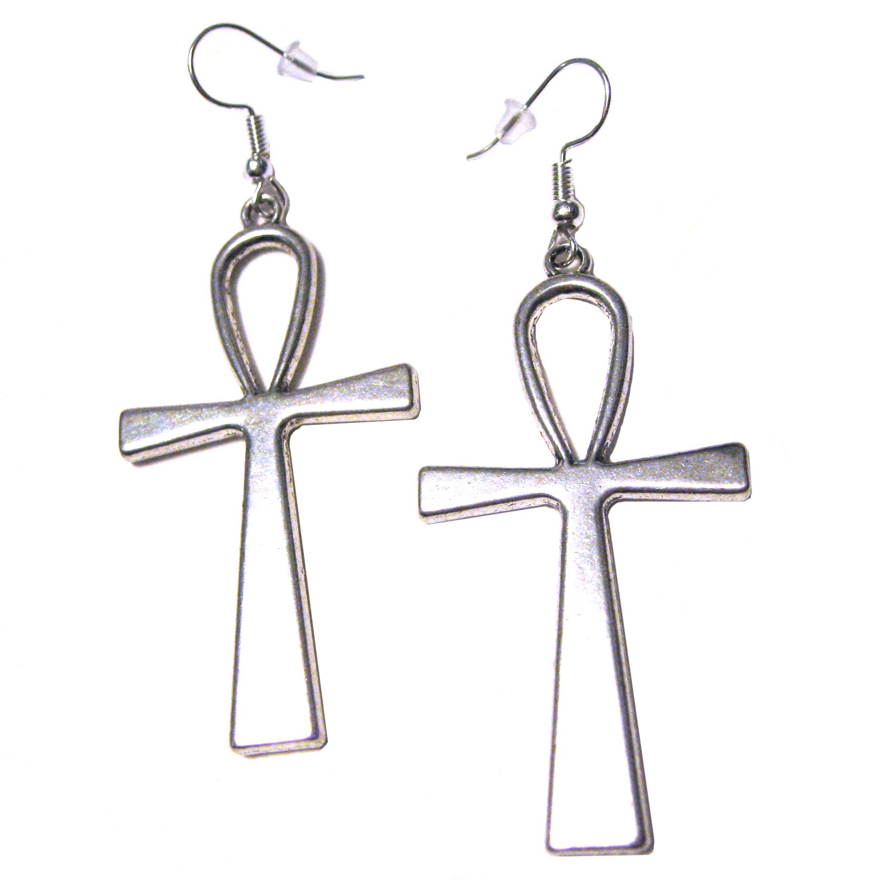 VanillaTron Gothic Ankh Silver Plated Charm French Hook 2" Earrings Ahnk 1 pair