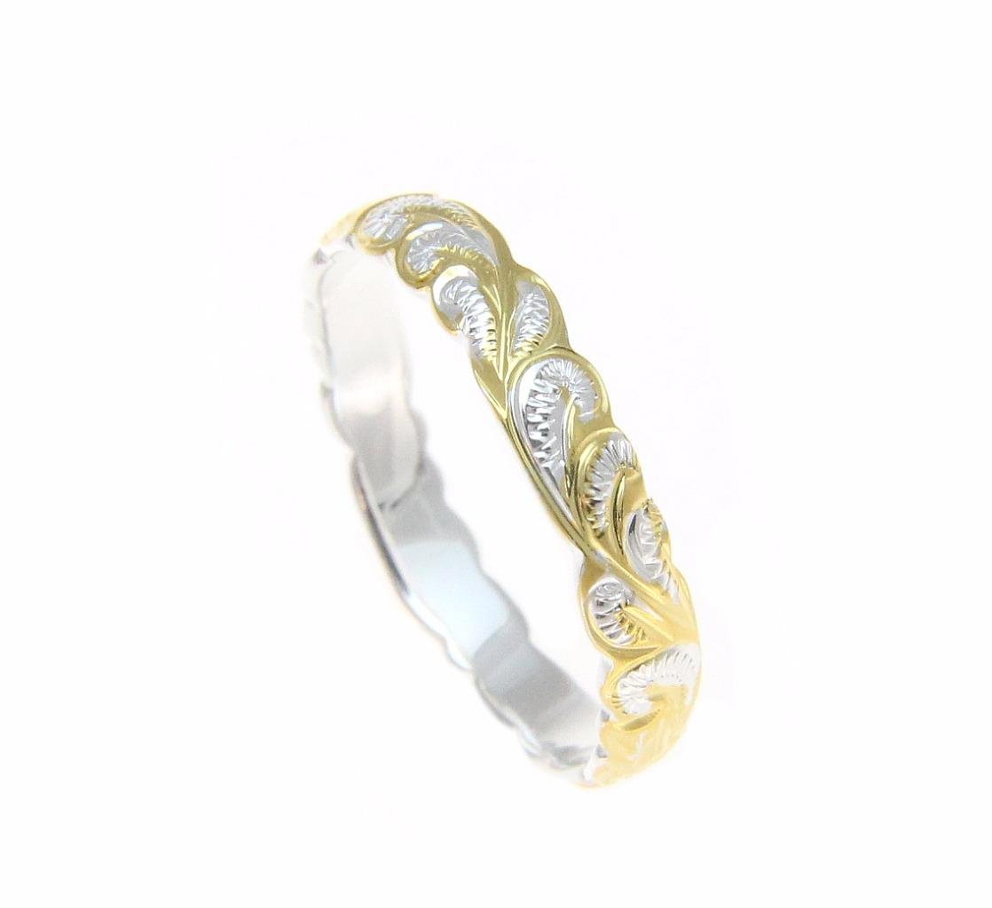 Arthur's Jewelry Sterling Silver 925 4mm 2tone yellow gold plated Hawaiian scroll hand engraved cut out ring band size 10